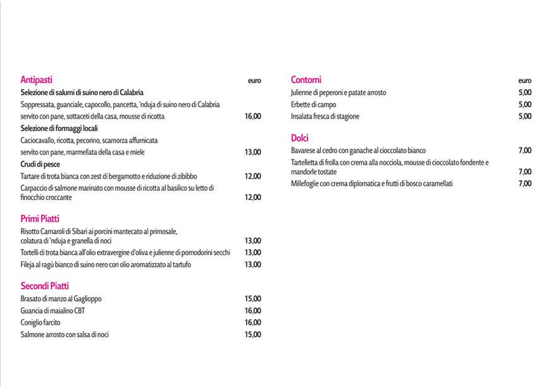 menu alla carta